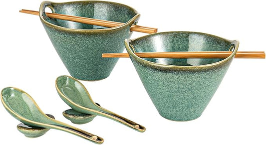 HENXFEN LEAD Japanese Ramen Bowls Set of 2 - Deep Ceramic Noodle Bowls with Spoons, Chopsticks and Holder, 20 Oz Serving Bowls for Pho, Udon, Soup - Reactive Green