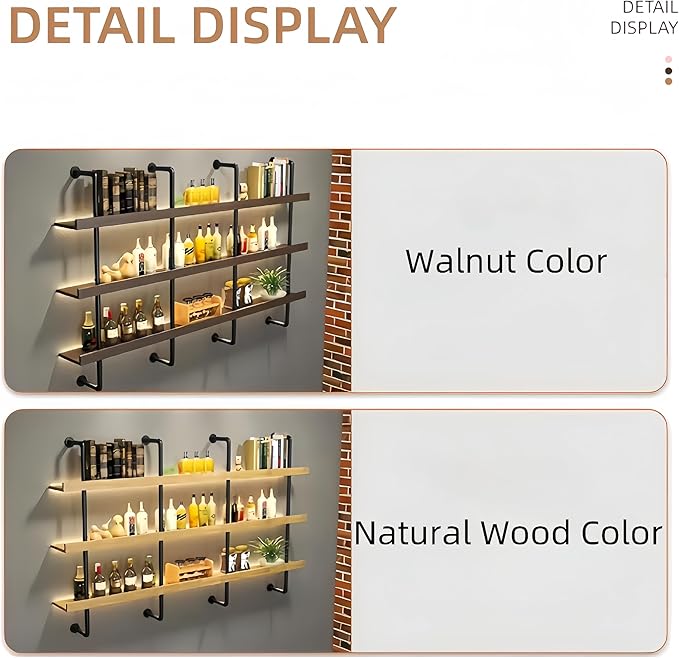 39 Inch Large Wall Mounted Wine Rack, 3 Tier Industrial Pipe Shelf Rustic Wood Floating Shelves, Wall Bar Shelves for Liquor Bottles Display Storage Organizer for Dining Room(Natural, No Lights)