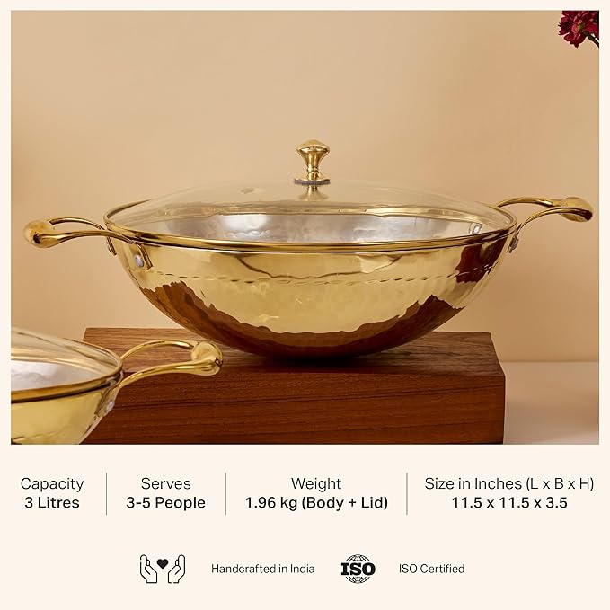 P-TAL Brass Kadhai 3L with Insulated Heat-Resistant Handle and Glass Lid | 100% Pure Brass Tin Coated Kadai for Cooking | Non-Stick and Chemical-Free (Free 30ml Copper & Brass Cleaning Solution)