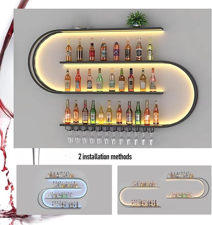 47in Wall Mounted Metal Wine Rack, Floating Wine Bottle Stand 4-Tier, Black Industrial Bar Liquor Bottle Display Shelf,for Home Bar Storage and Display (47in)