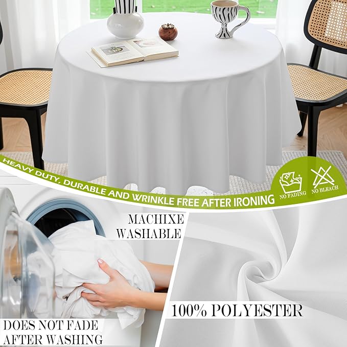 BYDOLL Table Cloth 48 Inch Round Tablecloth Fits Max38 Inch Diameter Table Top,White Polyester Washable Wrinkle-Free Spillproof Tablecloth for Party Patio Cover