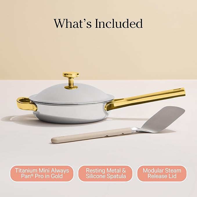 Our Place Mini Titanium Always Pan Pro | 8.5" PFAS-Free Nonstick Frying Pan with Spatula | Chef-Grade Tri-Ply Stainless Steel & Aluminum Build | Induction & Oven-Safe up to 750째F | Gold