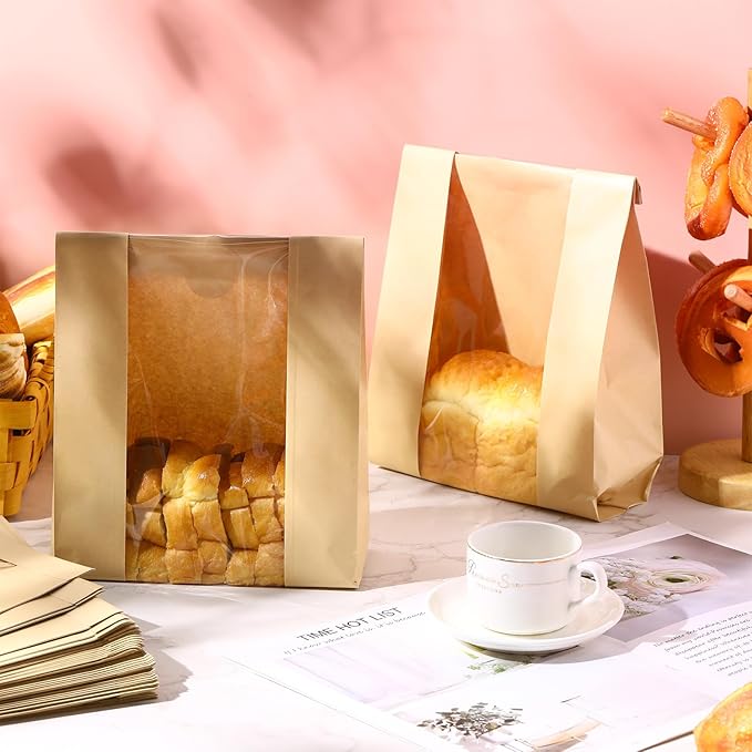 Domensi 450 Pcs Paper Bread Bags for Homemade food 13.7 x 8.2 x 3.5 Inch Large Paper Bakery Bag with Window Sourdough Bread Bags for Baked Food Packaging Storage