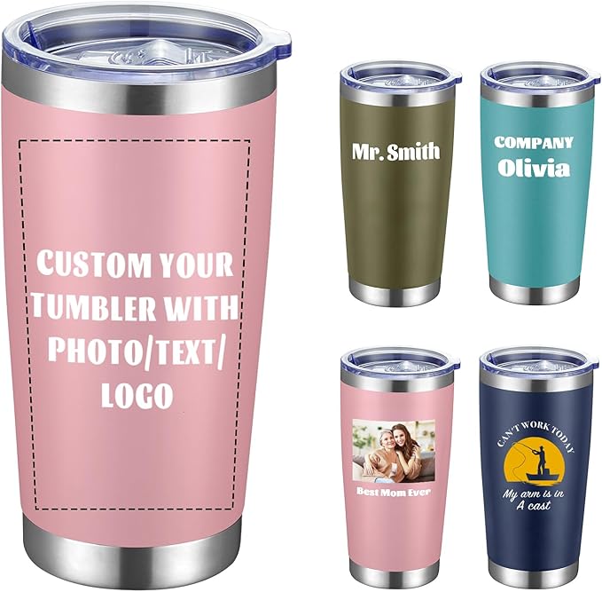 COMOOO Personalized 20oz Stainless Steel Tumbler with Lid, Insulated Tumbler Custom Gift with Text, Photo, Logo for Men, Women, Friends竊똏ink, 1 Pack