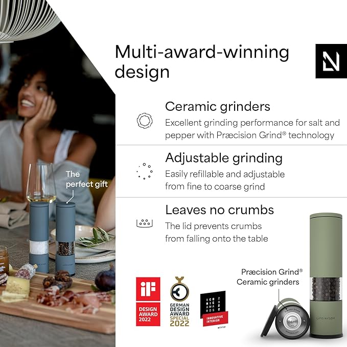 LARS NYS횠M Salt and Pepper Grinder Set Manual, Stainless Steel Salt and Pepper Mills with Adjustable Ceramic Grinder I Design Spice Shakers (Sage Green)
