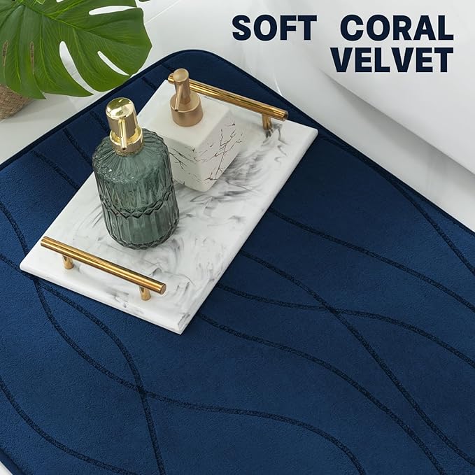 YIHOUSE Memory Foam Blue Bathroom Rug Sets 3 Piece, Ultra Absorbent Bath Mat for Bathroom - Non-Slip Machine Washable & Dry Quickly, 3 Piece Bathroom Mat Set, Navy Blue