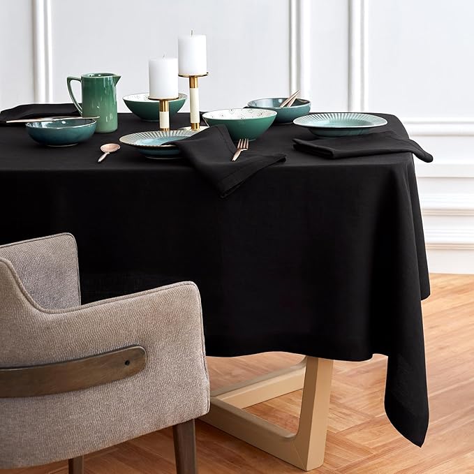 Solino Home Linen Black Tablecloth 70 x 132 Inch - 100% Pure Linen Rectangular Tablecloth - Machine Washable Table Cloth for Spring - Sonoma