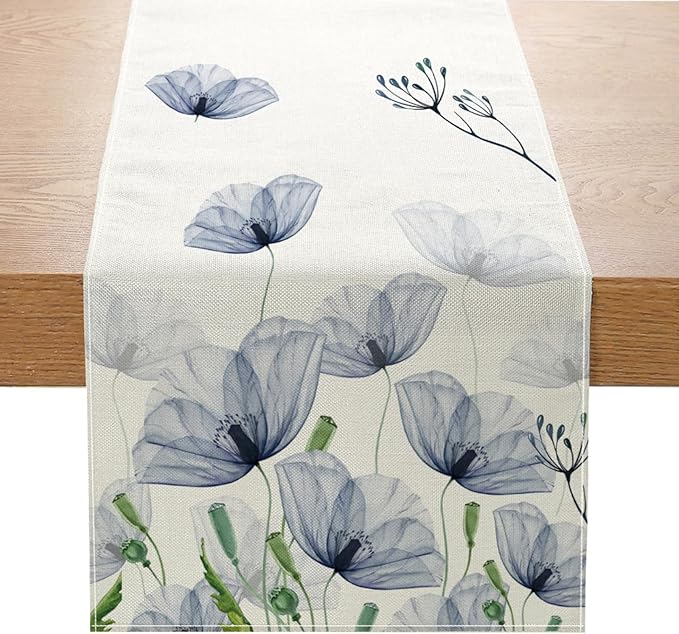 ZCHOMI Poppy Floral Leaves Table Runner 13x72 Inch Seasonal Spring Summer Blue Flower Kitchen Dinning Table Decoration for Home Party Decor