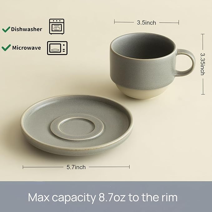 Stackable 8oz Minimalist Handmade Ceramic Cappuccino Cup with Saucer ??Small Stoneware Coffee Mug, Lead-Free Latte Art Mug竊똇andmade Pottery tea mug or tea cup (Matte Gray)