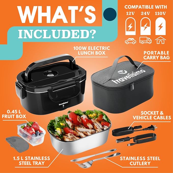 TRAVELISIMO Electric Lunch Box for Adults 100W Heated Lunch Box For Men 1.5L Stainless Steel Portable Food Warmer, 12/24/110V Electric Food Warmers for Travel & Work Loncheras Para Hombres de Trabajo