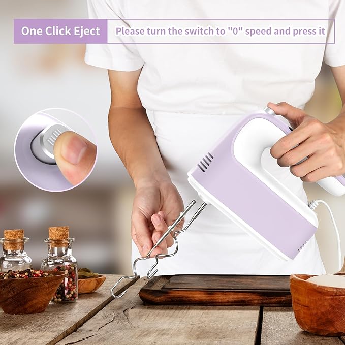 Yomelo 9-Speed Digital Hand Mixer Electric, 400W Powerful DC Motor, Hand Mixer Electric Handheld with Snap-On Storage Case, 5 Stainless Steel Accessories, Beaters, Dough Hooks, Whisk(Lilac Purple)