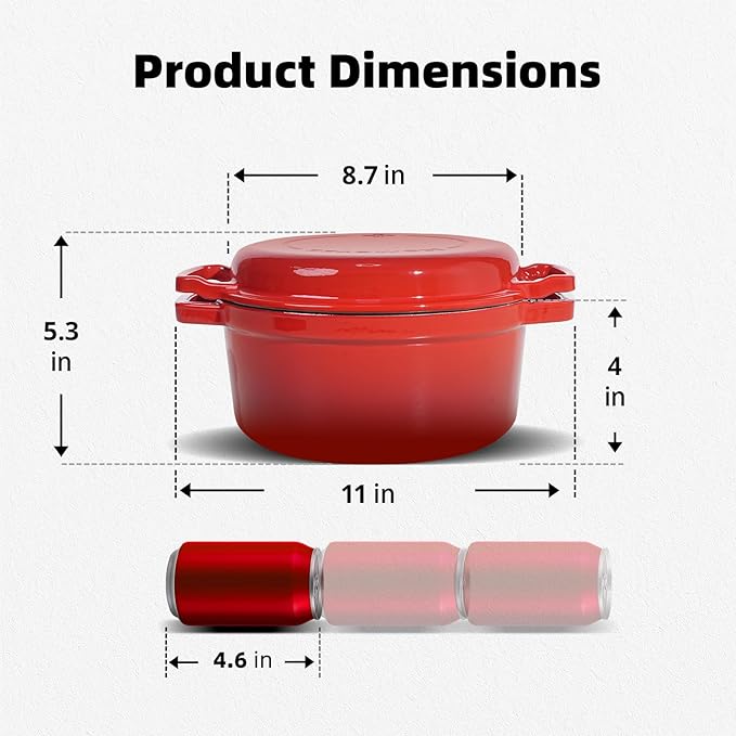 2-in-1 Enameled Cast Iron Braiser Pan with Grill Lid - 5-Quart Small Dutch Oven, Non-Stick Cookware Multi Cooker for Bread Baking Cooking Stewing, Suit for All Cooktops, Dual Handles & Oven Safe, Red