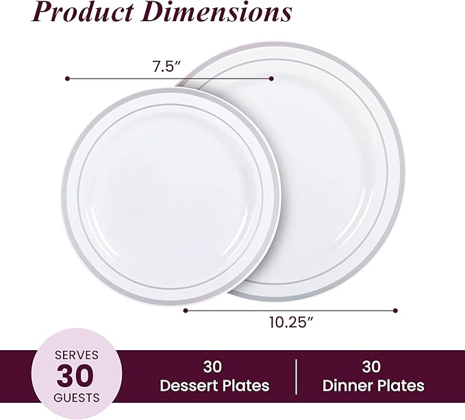 Aya's 60 Silver Rimmed Plastic Plates for Party, Heavy Duty Disposable Plate Set of 30 Dinner and 30 Dessert Plates for Weddings and Special Events, Fancy Disposable Tableware