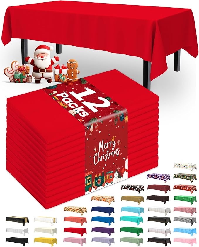Pureegg Plastic Table Cloth Disposable 12 Pack, 54 x 108 Inch Table Cloths, Valentines Day, Thanksgiving, Christmas Decorations, Fall Tablecloths, Rectangle, Plastic Cover, Leakproof & Sturdy, Red