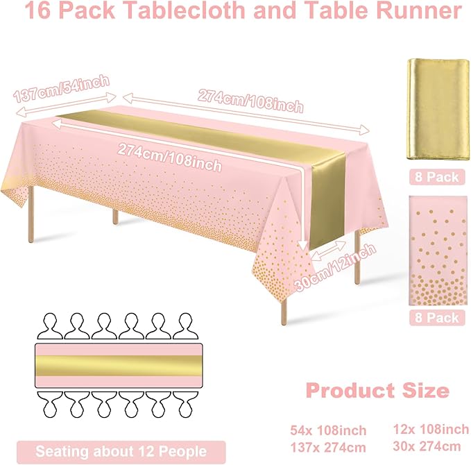 16Pack Disposable Plastic Tablecloths and Satin Table Runner Set Pink and Gold Dot Tablecloth Gold Satin Table Runner for Wedding Birthday Baby Shower Anniversary Christmas New Year Party Supplies