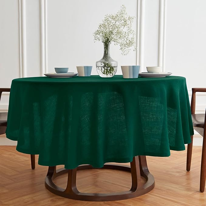 Solino Home Linen 60 Inch Round Tablecloth - 100% Pure Linen Green Round Tablecloth - Machine Washable Table Cloth for Winter - Sonoma