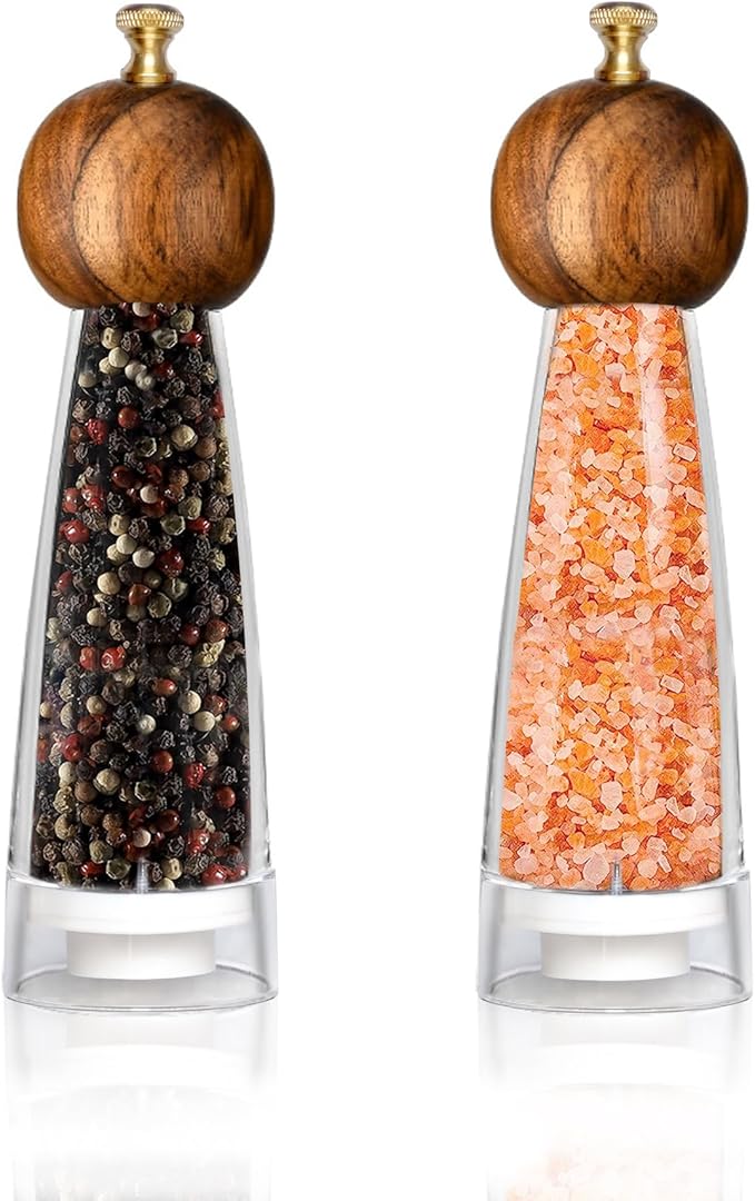 Pepper Mill Manual Salt and Pepper Grinder Set, Classic Transparent Pepper Grinder Salt Mills 2pcs 8in竊똕olid Wood Hand Shaker Rotor Pepper Salt Grinder Ceramic Core Adjustable Coarseness Spices