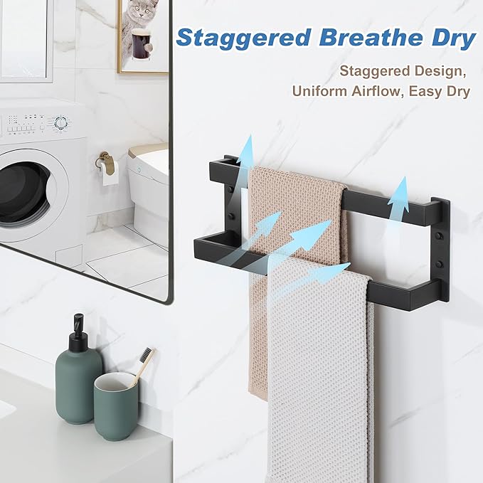 Alise Double Towel Bar, Matte Black Towel Racks for Bathroom Wall Mounted, Stainless Steel Bathroom Towel Holder, Modern Space Saving Towel Rod, 16"