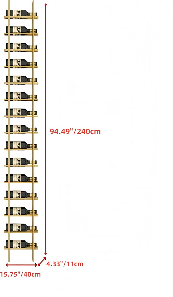 15-Bottle 1-Column Wall-Mounted Wine Rack, Gold Metal Wine Bottle Holder with Vertical Design, Space-Saving Wine Storage Shelf for Home Bar, Kitchen, Restaurant & Cellar(15 Bottles, 15.75" W)