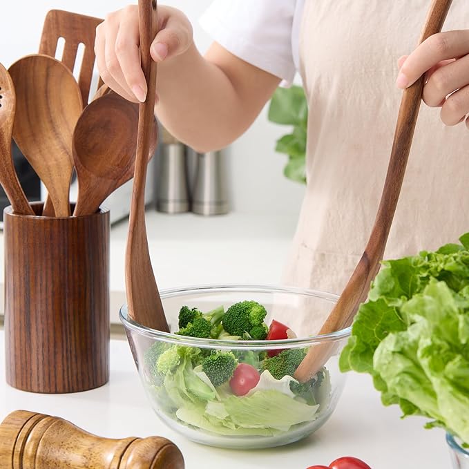 Wooden Spoons for Cooking -9pcs Kitchen Utensils Set with Utensil Holder & Spoon Rest -Teak Wood Spatula - Non Toxic Cooking Utensils -Heat Resistant Spatulas for Kitchen Use -NonStick Wooden Spatula