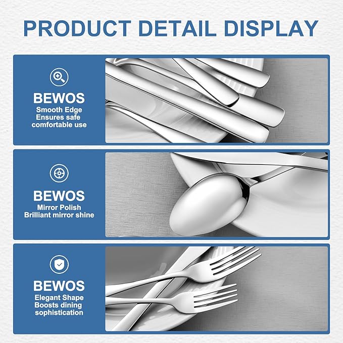 BEWOS 40 Piece Silverware Set - Stainless Steel Silverware Sets for 8 Include Spoon, Forks, Knives, Mirror Polished Flatware Set for Home, Kitchen, Restaurant, Dishwasher Safe