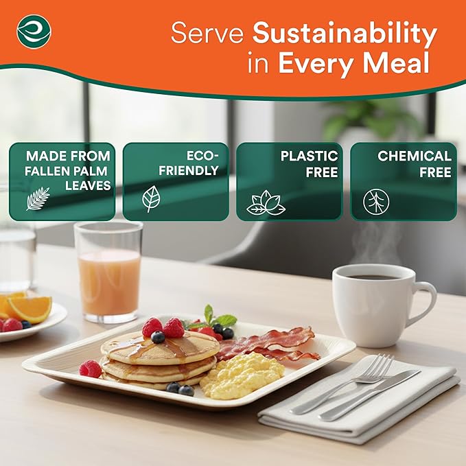 ECO SOUL Palm Leaf Plates 8"(50 Count) Square Compostable Bamboo Plates Heavy- Duty, Biodegradable Eco-Friendly Dinnerware for Christmas Party Dinner, Wedding, Holiday & Event