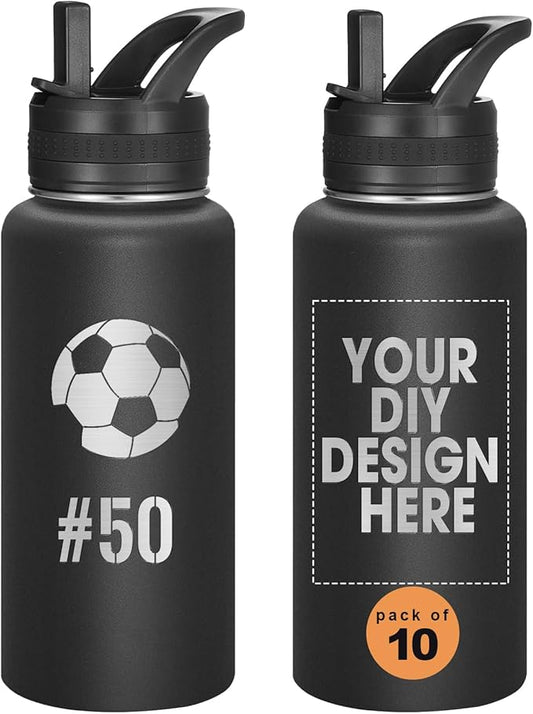 Personalized Laser Engraving Custom Water Bottle Print in USA 10 Pcs 32oz Double Wall Stainless Steel Leakproof Wide Mouth Cup with Flip Straw