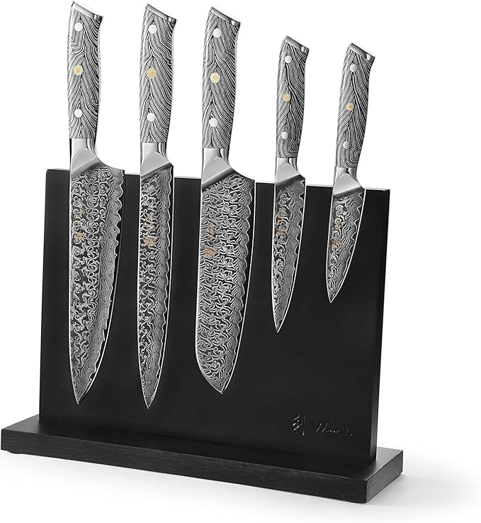 Wakoli Noir Blanc Damascus Knife Block Set ??5-Piece Professional Chef Knife Collection with Magnetic Block ??Kitchen Knives made of 67-Layer Damascus Steel Blades & Ergonomic G10 Handles in Gift Box