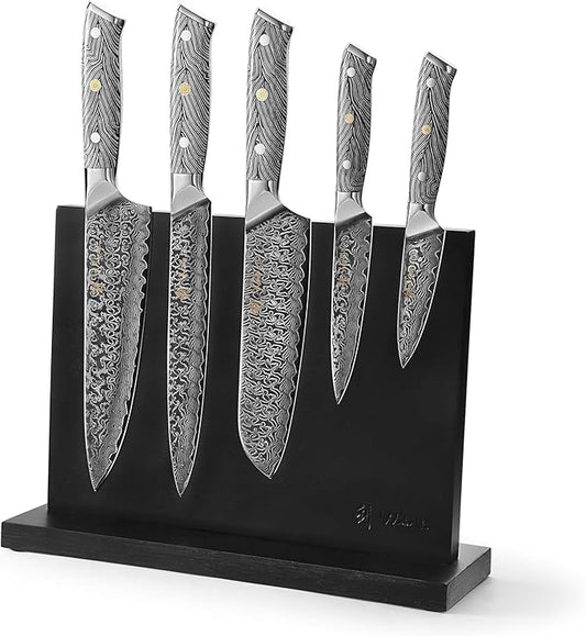 Wakoli Noir Blanc Damascus Knife Block Set ??5-Piece Professional Chef Knife Collection with Magnetic Block ??Kitchen Knives made of 67-Layer Damascus Steel Blades & Ergonomic G10 Handles in Gift Box