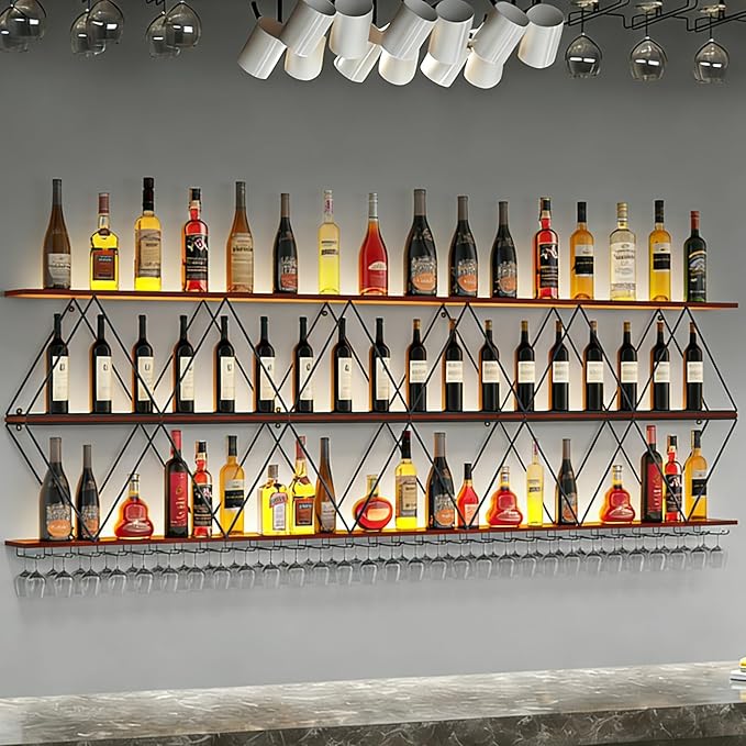 Large Wine Rack Wall Mounted Solid Wood DIY Floating Bar Liquor Bottles Storage Rack Hanging Holder Wine Bottle Racks for Home Bar Dining Room Decorative (59in/150cm)