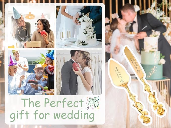 HJX Personalized Cake Knife and Server Set for Wedding - Engraved Stainless Steel Cake Cutting Set, Custom Elegant Cake Cutter Gift for Anniversary Birthday (04-Rose)