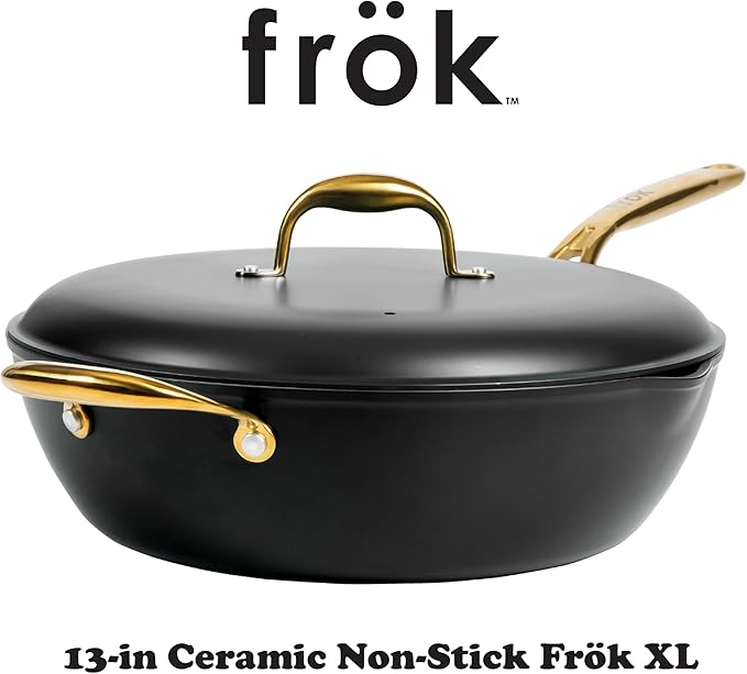 Frok 13" Frying Pan Wok Skillet 4MM Thick Quick Heat Aluminum Cookware w/Aluminum Lid Premium PFA Free Ceramic Nonstick Interior & Heat Resistant Exterior - Induction - Black & Gold