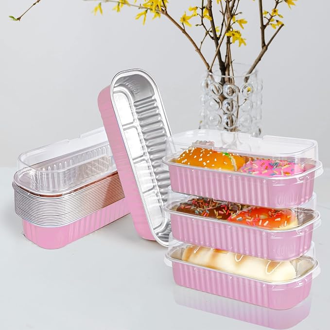 20PCS Rectangle Mini Loaf Pans With Lids,Mini Cake Pans with Lids,Disposable Ramekins Baking Cups Muffin Tins Cupcake Cups for Wedding Birthday Party,6.8oz（Pink）