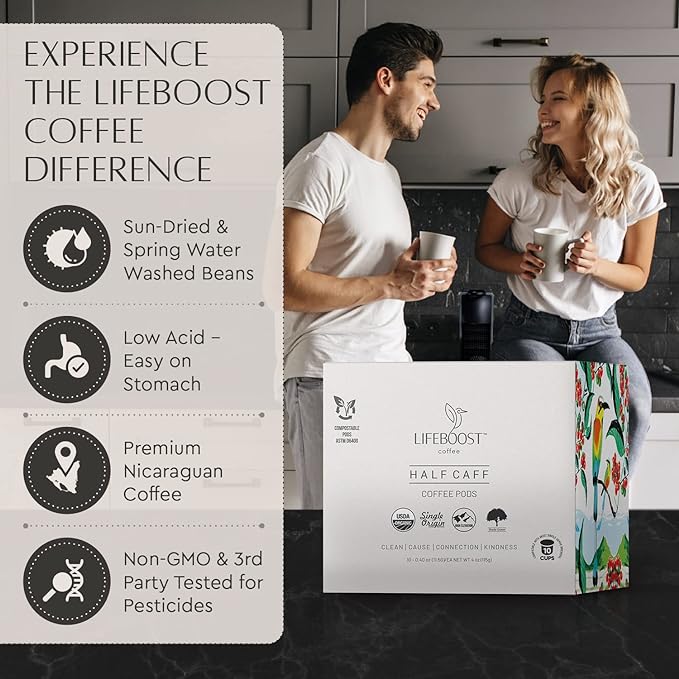 Lifeboost Half Caff Coffee K Cups - Low Acid Half Caff Coffee Pods - Non-GMO Mold Free Pods Compatible with Keurig & Keurig 2 - Third Party Tested for Mycotoxins and Pesticides - 10 Count