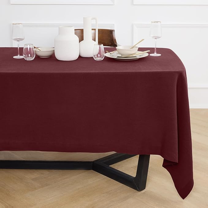 Solino Home Burgundy Linen Tablecloth 70 x 90 Inch - 100% Pure Linen Table Cloth for Rectangle Tables - Sonoma, Machine Washable Tablecloth for Christmas, New Year
