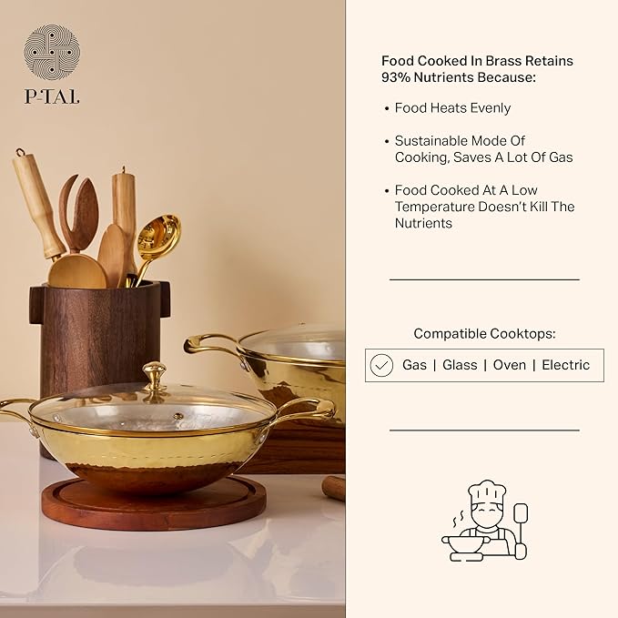 P-TAL Brass Kadhai 1.5L with Insulated Heat-Resistant Handle and Glass Lid | 100% Pure Brass Tin Coated Kadai for Cooking | Non-Stick and Chemical-Free (Glass Lid 1.5 Litre)