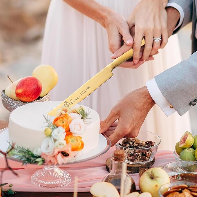 Gold Cake Cutting Set for Wedding, Wedding Cake Knife and Server Set, Cake Cutter and Pie Server Set of 4 for Mr and Mrs Wedding Gifts (Gold)