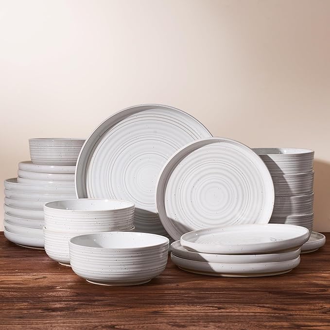 Stoneware Dinnerware Dishes Set for 8, 24 Pieces Plates and Bowls Sets, Spiral Flared Tableware with Speckles & Reactive Glaze - Microwave and Dishwasher Safe, White