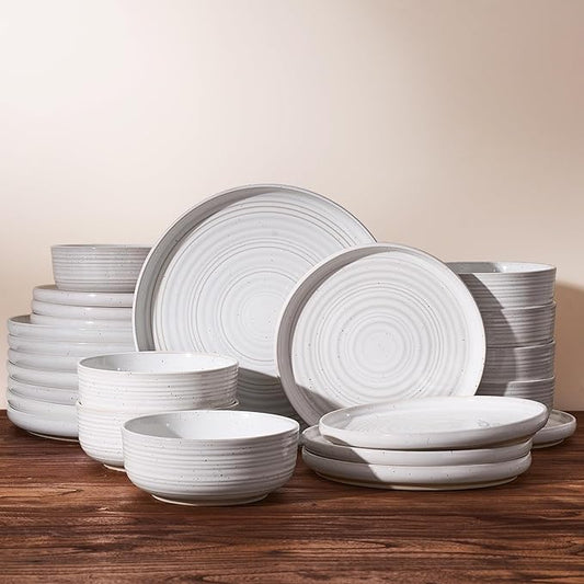 Stoneware Dinnerware Dishes Set for 8, 24 Pieces Plates and Bowls Sets, Spiral Flared Tableware with Speckles & Reactive Glaze - Microwave and Dishwasher Safe, White