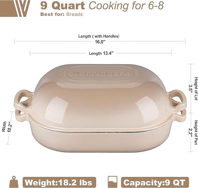 Large Cast Iron Dutch Oven Dome Pot with Lid, Enameled Bread Oven, Bread Pan for Homemade Sourdough Bread Baking, 9QT, Latte