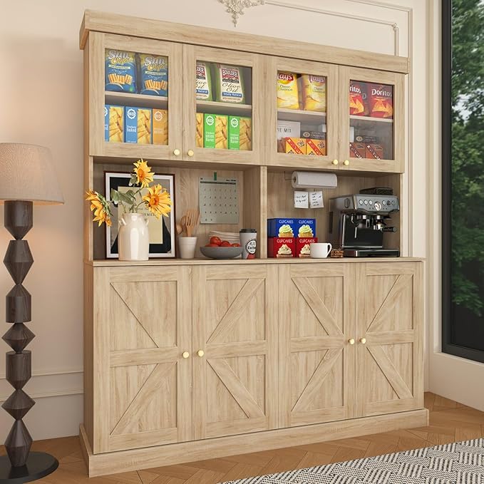 71" Tall Farmhouse Kitchen Pantry, Large Storage Cabinet with Glass Doors, Freestanding Coffee Bar Hutch with Microwave Stand, Adjustable Shelves for Kitchen, Living Room, Brown 3 Pcs