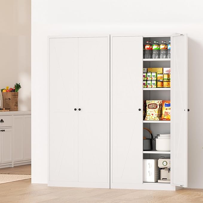 INTERGRAET 63" H Pantry Cabinet, Kitchen Pantry Storage Cabinets with 2 Doors and 4 Shelves, White Metal Storage Cabinet,Cupboard for Home,Kitchen,Living Room/Dining
