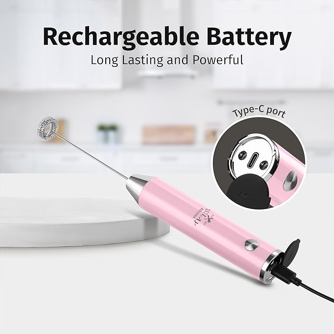 Zulay Kitchen Lux Electric Milk Frother Rechargeable Handheld - Powerful 2-Speed Motor, Waterproof, 2000mAh Battery - Drink Mixer for Latte, Cappuccino, Matcha & Protein Powder - Pink Bubblegum