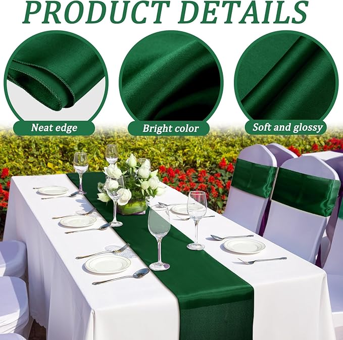 Bencailor 24 Pcs Dark Green Satin Table Runner Bulk 12 x 108 Inches Long Table Runners Bright Smooth Fabric Tablecloth for Wedding Banquet Birthday Valentines St Patrick's Day Party Decorations