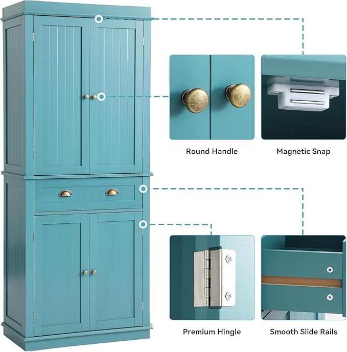 72" Kitchen Pantry Storage Cabinet, Freestanding Cupboard with 2 Cabinets, Drawer and Adjustable Shelves, Tall Storage Cabinet for Kitchen, Dinning Room, Living Room (Lake Blue)
