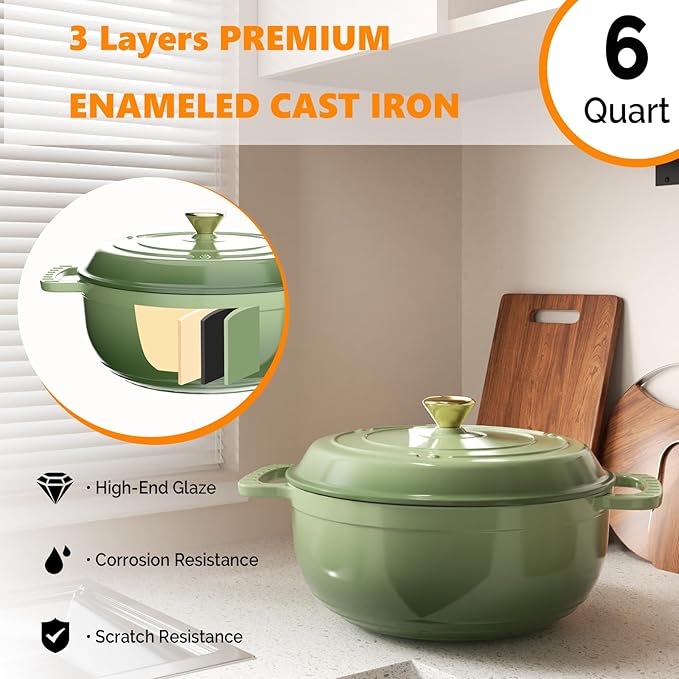 Bonnlo 6QT Round Dutch Oven, Enameled Cast Iron Dutch Oven Pot with Lid & Dual Handles, Oven Safe Up to 500째 F, for Sourdough, Bread Baking, Stews and Roasting, Green