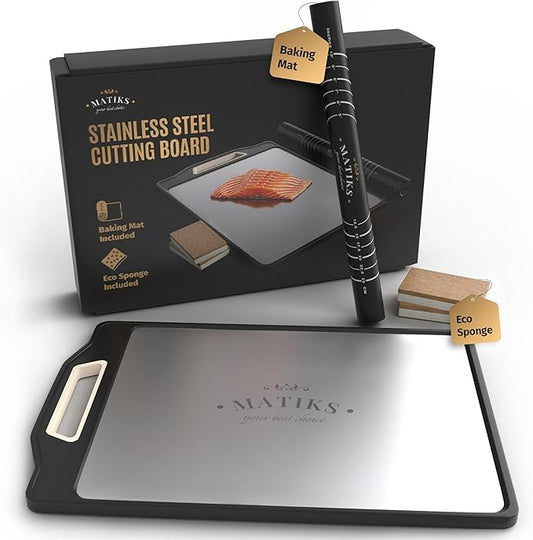 Matiks Stainless Steel Cutting Board Set - 16?씳?1??Large Double Sided Dishwasher Safe Metal Cutting Board for Kitchen ??Ideal for Chopping Meat & Veggies - Christmas Gift & Housewarming Gifts New Home