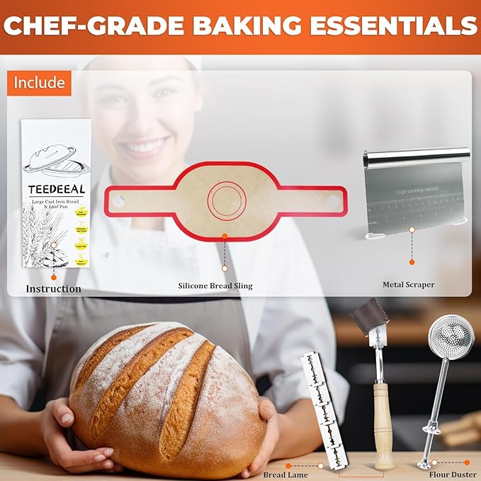 9.2 QT Heavy Duty Pre-seasoned Cast Iron Bread Pan, Large Loaf Dutch Oven with Lid, Sourdough Bread Baking Pan - Compatible with Ceramic/Cooktops/Ovens/Grill/Campfire - with lame, Flour Duster, etc