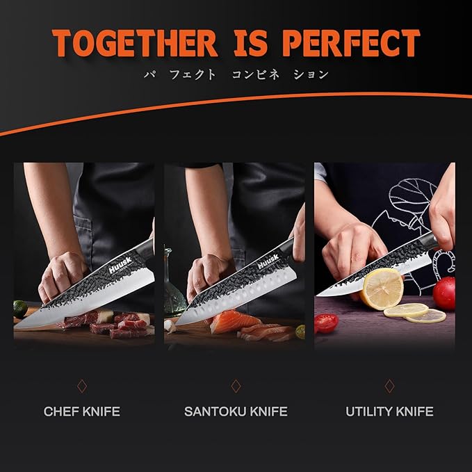 Huusk Japanese Chef Knife Set - Hand Forged Kitchen Knives for Meat Cutting - ATS-34 Carbon Steel Knives Set with Wooden Handle - Viking Cooking Knife Sets for BBQ Christmas Gift for Men and Women