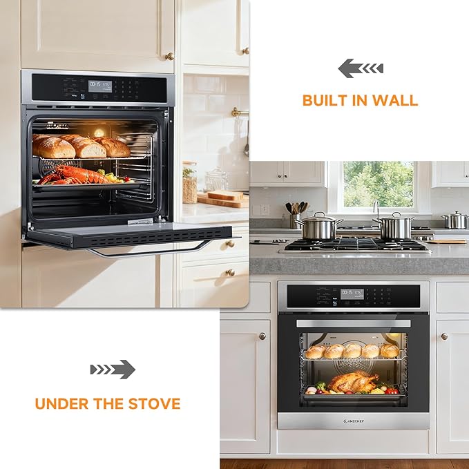 Wall-Oven-Single-Wall-Oven: AMZCHEF 24 inch Electric Wall Oven with 10 Functions, 2.5 Cu.Ft. Convection Wall Oven with Upgraded Control Panel, 2800w, 220V, Touch Control, Timer, Safety Lock